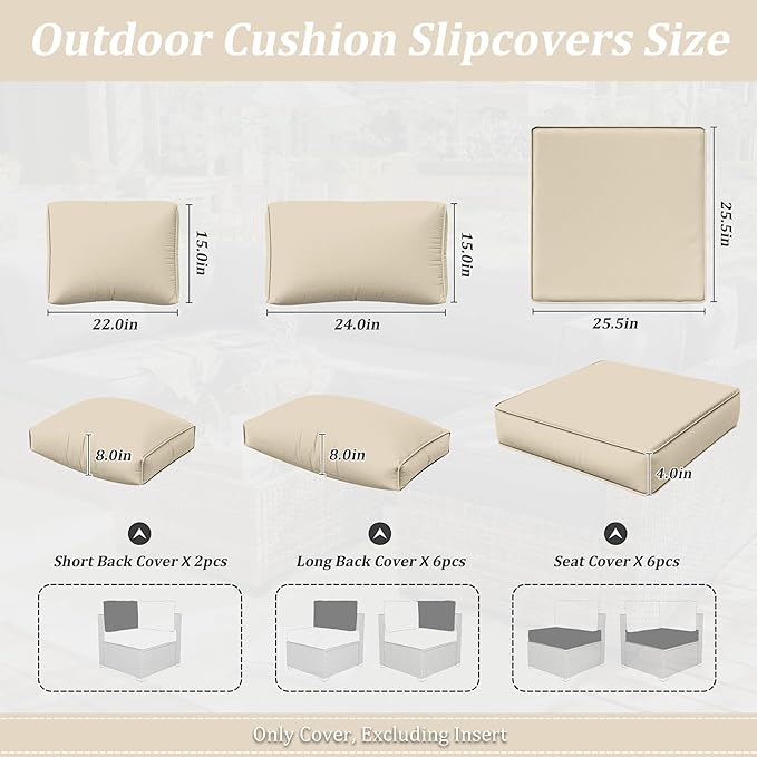 14 Pcs Outdoor Cushion Slipcovers Outdoor Patio Cushion Covers Replacement Waterproof with Zipper for Outdoor Furniture, Patio Sofa Couch 3 Sizes, Covers Only
