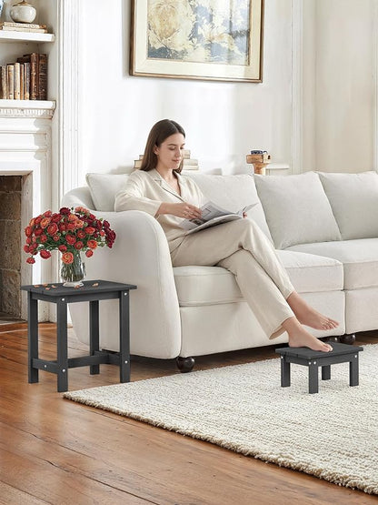 LUE BONA Outdoor Side Table, 2-Tier HDPS Outdoor Nesting End Table with Removable Small Foot Stool for Patio, Deck, Poolside, Low Maintenance & Weather Resistant,Dark Gray