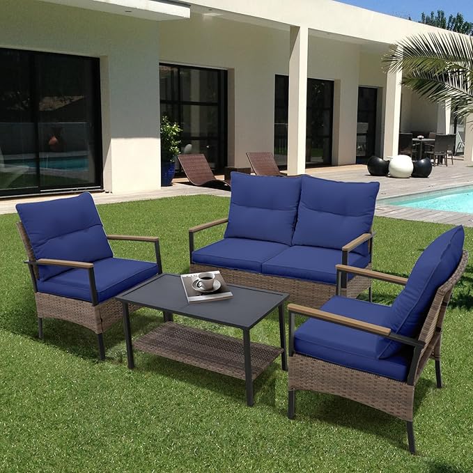 COOS BAY Sunset Haven Outdoor Patio Furniture Set, Outdoor Conversation Set, Rattan Wicker Sofa, Loveseat, 2 Patio Chairs and Coffee Table, Brown/Blue
