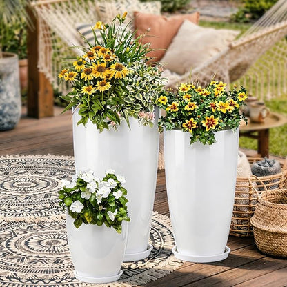 24-21-11 Inch Tall Planters Set of 3, Indoor Outdoor White Round Planter with Drainage Hole and Saucer, Large Decorative Plant Pots for Home Garden Porch (White)