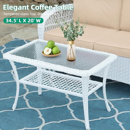 VIVIJASON Outdoor Wicker Coffee Table, All-Weather Rattan Patio Coffee Table with 2-Tier Storage, Tempered Glass Top Rectangle Center Table for Deck, Garden, Balcony, Porch, Indoor or Outdoor Use