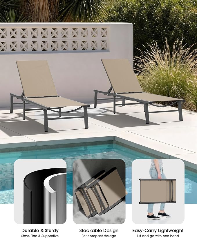 Ciokea Foldable Outdoor Lounge Chair Set of 2, No Assembly Aluminum Chaise Lounge Outdoor with 5 Adjustable Positions, Pool Lounge Chairs with Portable Design for Pool, Deck, Beach, Patio (Khaki)