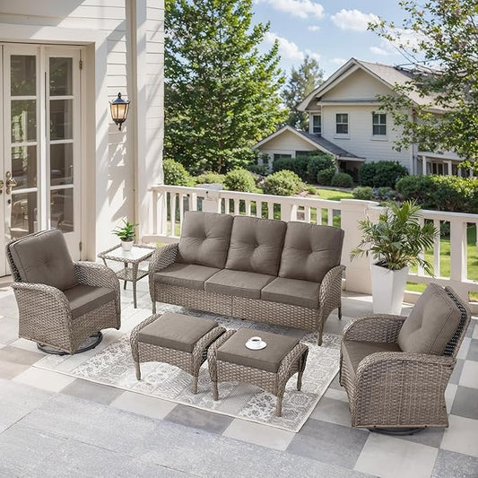 6 Pieces Outdoor Furniture-Patio Swivel Rocker Chairs Set of 2 3-Seater Wicker Couch with Outdoor Ottoman Outdoor Patio Furniture Set for Deck Porch Garden Balcony Poolside-Grey/Grey