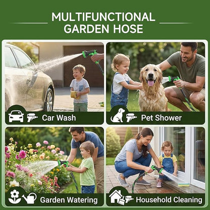 Non-Expandable Garden Hose 100 FT, Heavy-Duty & Flexible Water Hose with 10-Function Nozzle, Kink-Free & Leak-Proof Design, Ultra Lightweight Portable Yard Hose for Lawn, Car, Outdoor Use