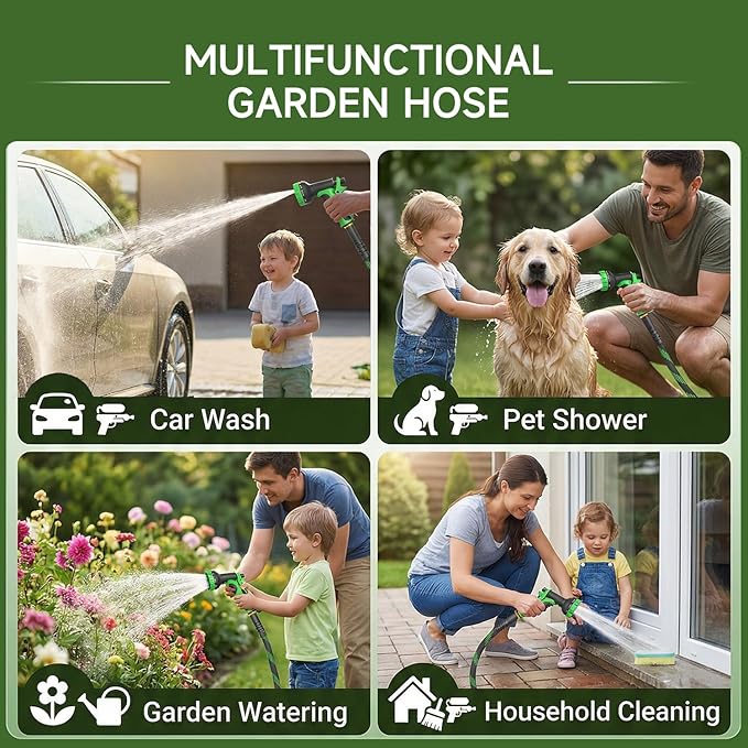 Non-Expandable Garden Hose 50 FT, Heavy-Duty & Flexible Water Hose with 10-Function Nozzle, Kink-Free & Leak-Proof Design, Ultra Lightweight Portable Yard Hose for Lawn, Car, Outdoor Use