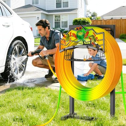 Garden Water Hose Holder with 5 Spikes, Upgraded Freestanding Heavy Duty Hose Hanger Holds 150-feet Hose, Sturdy Hose Stand Storage Rack for Outside Yard Lawn (Black - Frog)