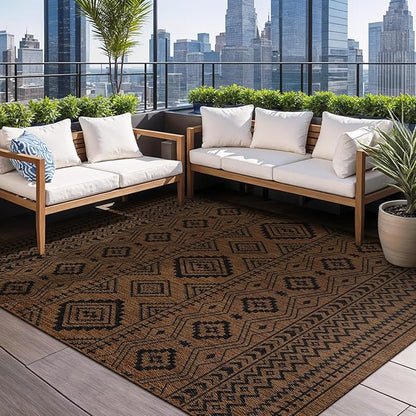 Beverly Rug Waikiki Boho Indoor Outdoor Rug 9x12, Washable Outside Carpet for Patio, Deck, Porch, Bohemian Area Rug, Farmhouse Rugs, Aztec Tribal Rug, Nut Brown and Black