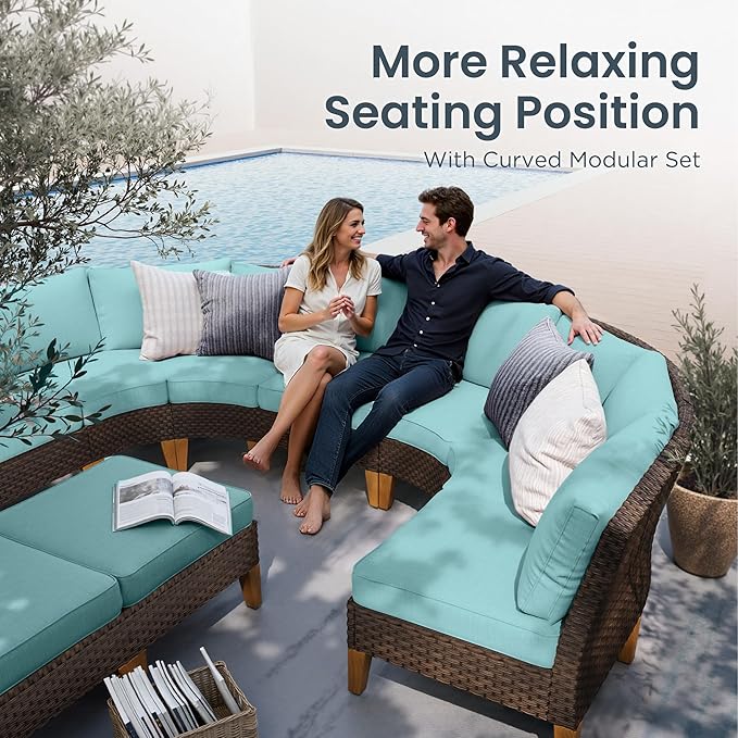 PHI VILLA Half Moon Patio Furniture Set with 56" Fire Pit Table, Outdoor Curved Wicker Sectional Sofa with Cushions and Ottomans, Aqua Blue