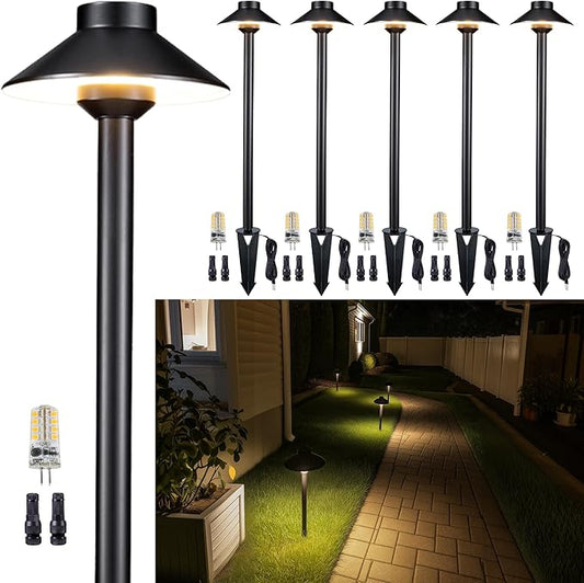 Gardenreet Low Voltage Landscape Lighting Brass, 12v Pathway Lights Waterproof, Hard Wired Path Light Outdoor, Mushroom Black for Exterior Patio House with 3W 270LM 3000K Soft White G4 Bulb (6 Pack)
