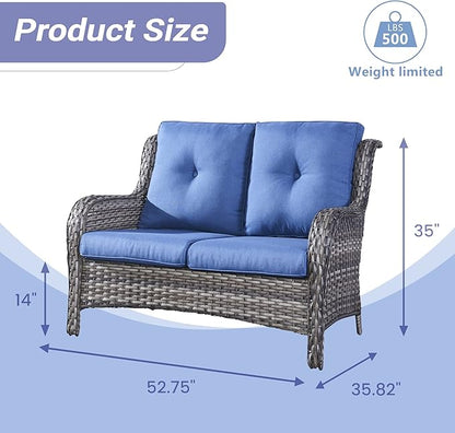 HUMMUH 4 Piece Patio Conversation Furniture Set PE Wicker Rattan Outdoor Loveseat Sofa,Patio Chairs,Coffee Table for Garden,Poolside,Backyard,Deck