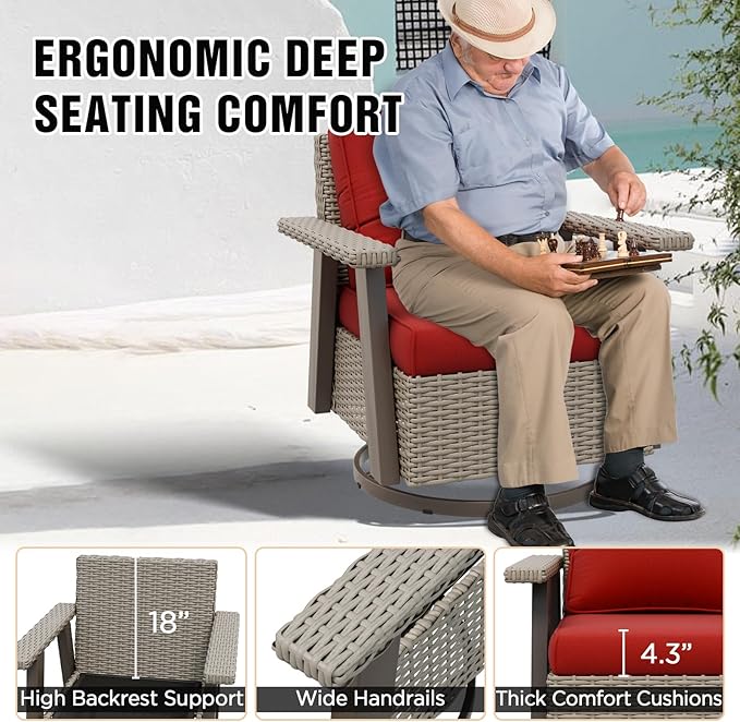 EAGLE PEAK Classic Wicker Patio Bistro Set of 2, Outdoor Patio Furniture with 360° Swivel Rocker Chair and Side Table, Lounge Set for Porch, Deck, or Balcony, Beige/Red