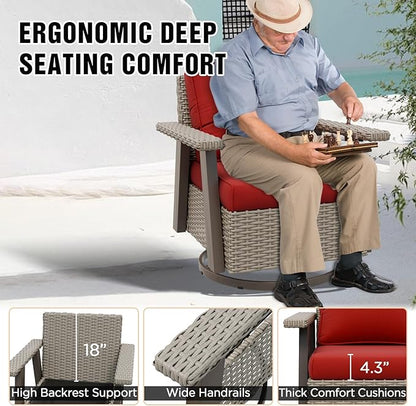 EAGLE PEAK Classic Wicker Patio Bistro Set of 2, Outdoor Patio Furniture with 360° Swivel Rocker Chair and Side Table, Lounge Set for Porch, Deck, or Balcony, Beige/Red