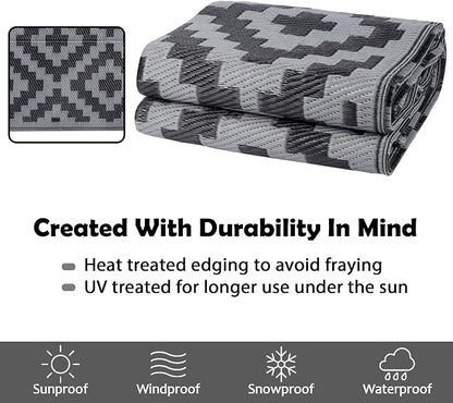SAND MINE Waterproof Outdoor Rug 5x8 ft, Plastic Reversible Rug, Modern Area Rug, Large Floor Mat for Outdoors, RV, Patio, Backyard, Deck, Picnic, Beach, Camping, Black Grey Lattice