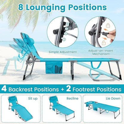 COSTWAY Tanning Chair with Face Hole, Folding Beach Lounge Chair | 4-Position Adjustable Backrest, Pillow & Side Pocket for Sunbathing, Camping (Turquoise)