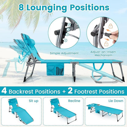 Goplus Tanning Chair, Folding Adjustable Patio Lounge Chair with Face Hole, Removable Pillow, 330LBS, Carry Strap, Outdoor Sunbathing Chair, Lightweight Portable Beach Lounge Chair, No Assembly