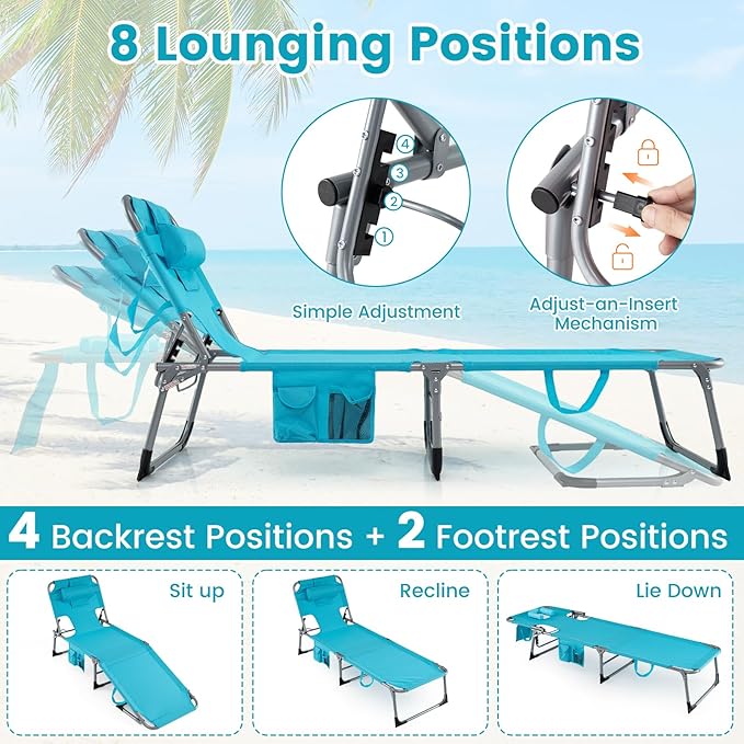 COSTWAY Tanning Chair with Face Hole, Folding Beach Lounge Chair | 4-Position Adjustable Backrest, Pillow & Side Pocket for Sunbathing, Camping (2, Turquoise)