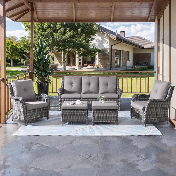 HUMMUH Patio Chair Wicker Patio Dining Chairs Set of 2 PE Rattan Deep Seating Outdoor Chairs with 4 inch Seat Cushions