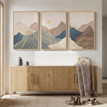 Framed Neutral Abstract Mountain Wall Art for Living Room, 3 Piece Large Landscape Print Canvas Artwork for Walls, Boho Modern Minimalist Paintings for Dining Room Office Hallway Wall Decor, 24x36 In