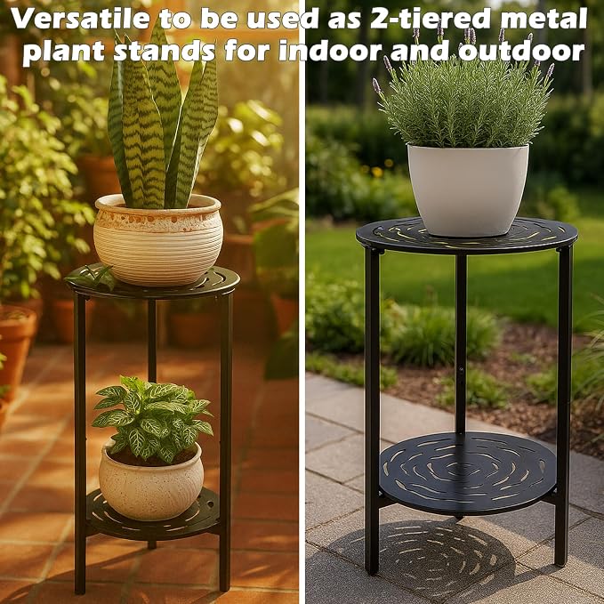 2 Packs Two-tier Metal Round Side Table Black Accent Coffee Tables Small Space Corner Plant Stand Shelf for Indoor Outdoor Use Patio Balcony End Table Laser-Cut Floral Pattern Weather-Resistant