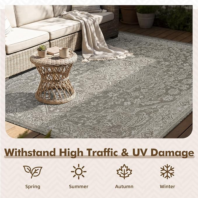 MontVoo-Outdoor Rug-Patio Rug 8x10 Polypropylene Indoor Outdoor Rugs Carpet for Patio Deck Balcony Porch, Textured Weave, Durable for High Traffic, Fade-Resistant, Vintage Medallion Silver Grey
