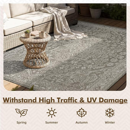 MontVoo-Outdoor Rug-Patio Rug 5x7 ft Polypropylene Indoor Outdoor Rugs Carpet for Patio Deck Balcony Porch, Textured Weave, Durable for High Traffic, Fade-Resistant, Vintage Medallion Silver Grey