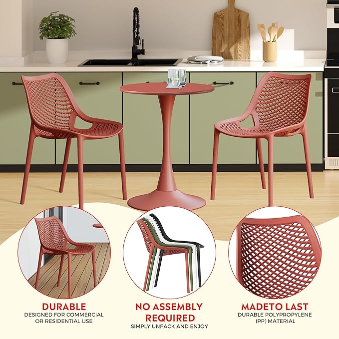 Costaelm Dining Room Chairs Set of 4, HDPE Patio Square Coffee Table and Stackable Chairs, Outdoor Deck Furnitures All Weather for Backyard Poolside, Red