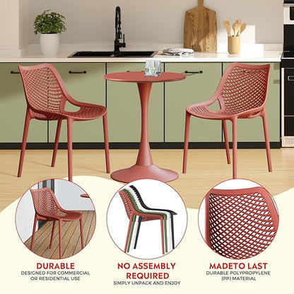 Costaelm Dining Table for 4 with Chair, HDPE Patio Round Dining Table and Stackable Chair, Outdoor Patio Furniture All Weather for Backyard Porch Poolside, Red