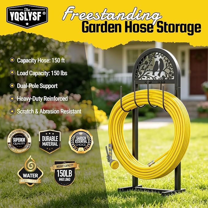 YQSLYSF Garden Hose Holder for Outside, Water Hose Reel Freestanding with 4 Stake, Heavy Duty Metal Hose Stand Storage Rack Holds 150Ft
