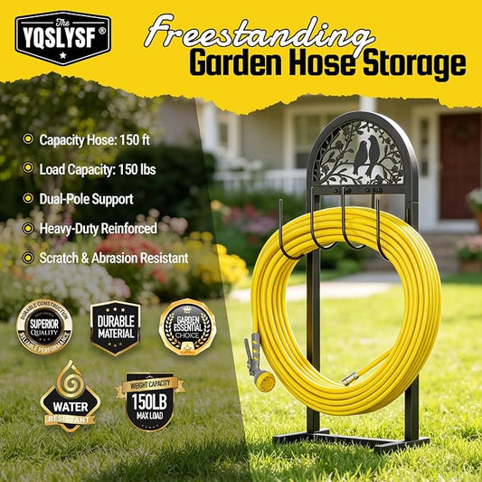 YQSLYSF Garden Hose Holder for Outside, Water Hose Reel Freestanding with 4 Stake, Heavy Duty Metal Hose Stand Storage Rack Holds 150Ft