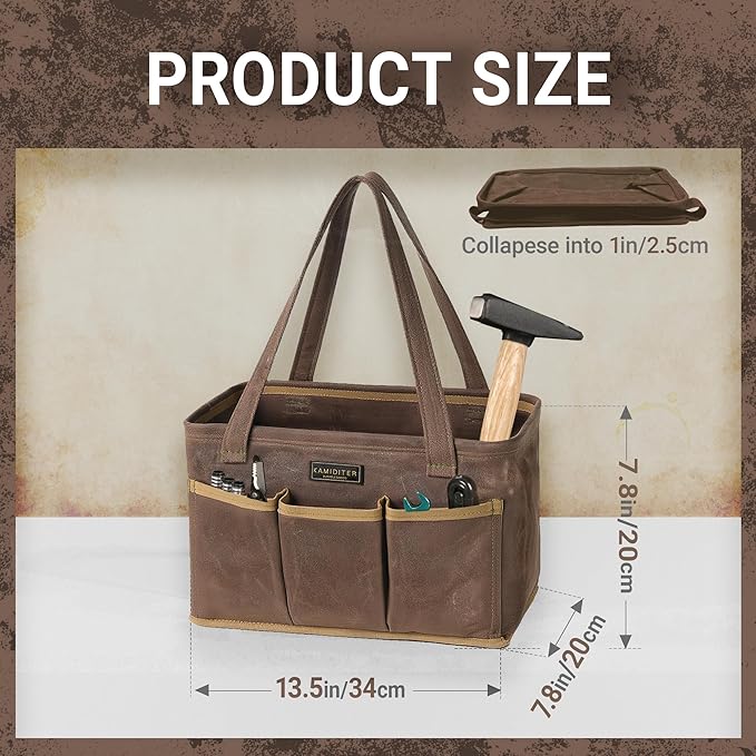 13.5-Inch Foldable Open Top Waxed Canvas Tool Bag, Multi-Purpose Wrench Tool Pouch with Handle, Durable and Water Resistant(Grey)