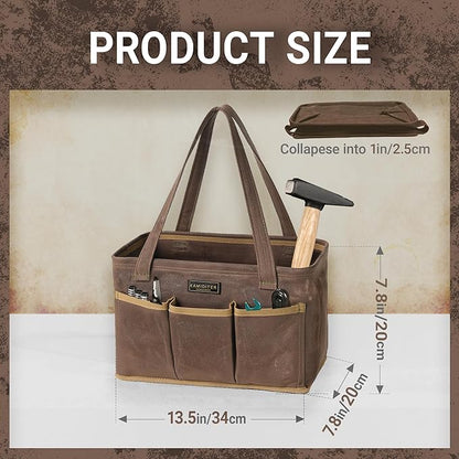 13.5-Inch Foldable Open Top Waxed Canvas Tool Bag, Multi-Purpose Wrench Tool Pouch with Handle, Durable and Water Resistant(Grey)