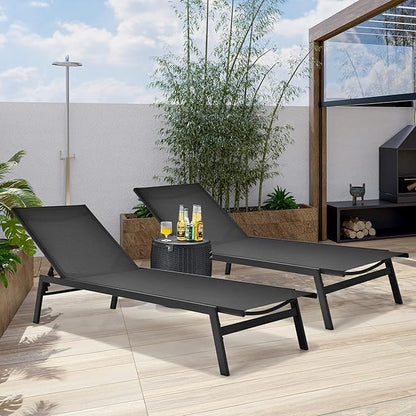 Tangkula 2 Pieces Outdoor Chaise Lounge Chair, 6-Position Adjustable Reclining Chair with Breathable Fabric and Heavy Duty Steel Frame, Patio Lounge Chair for Garden, Backyard and Poolside (2, Black)