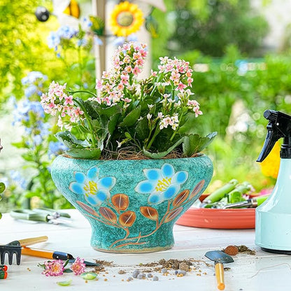 Sungmor 9.6 Inch Large Succulent Plant Pots, Pretty Hand Painted Ceramic Planter with Drainage, Indoor Outdoor Cactus Planter Bonsai Pot, Flower Pot for Indoor Plants Garden Windowsill Desktop Decor