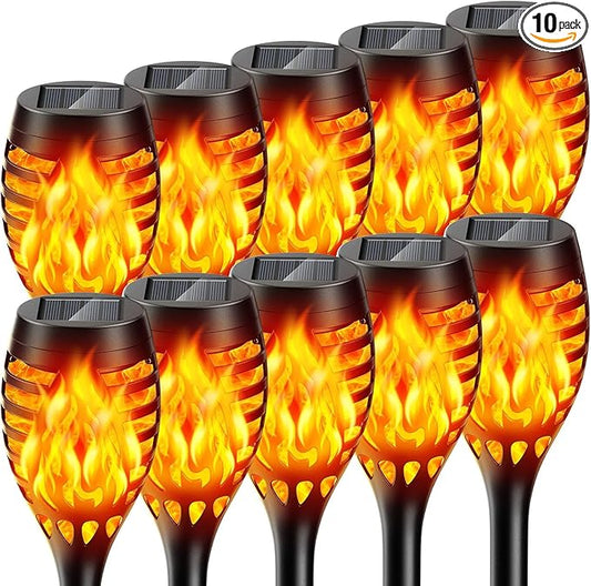 Solar Lights Outdoor: 10 Pack Solar Torch Lights Outdoor Flickering Flame for Halloween Decorations Outdoor - Waterproof Solar Garden Lights - Torches Flame Light for Yard Patio Pathway Lawn Decor