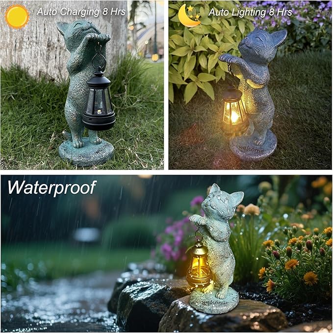 Cat Garden Statue Solar Outdoor Decor - Cat Statues for Garden Solar Lantern Figurine for Yard Patio Lawn Porch Pathway Landscape Ornament Unique Gift for Mom Women