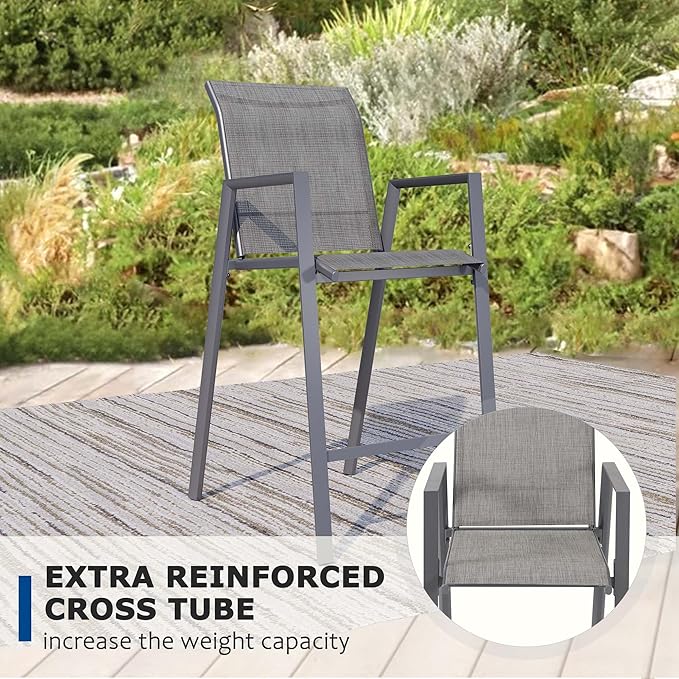Outdoor Bar Stools Set of 6, 44'' Patio Bar Chairs with Textile High Back, Bar Height Chairs with Straight Armrest and Footrest, Grey