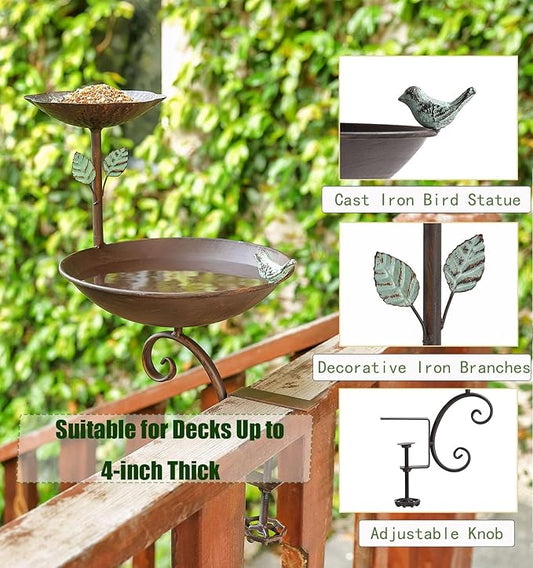 Bird Bath for Deck Railing, 2 in 1 Balcony Bird Feeder and Baths for Outdoors, Detachable Outdoor Birdbath with Heavy Duty Clamp, Weather Resistance Suitable for Garden Porch Backyard