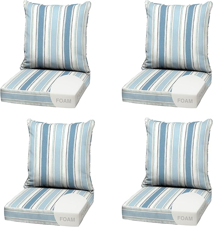 Arden Outdoor Foam Deep Seat Cushion (4-Pack), 22x24, Premium High-Density Foam, Never Flattens, Weather-Proof for Patio Chair Sofa Couch, French Blue Linen Stripe