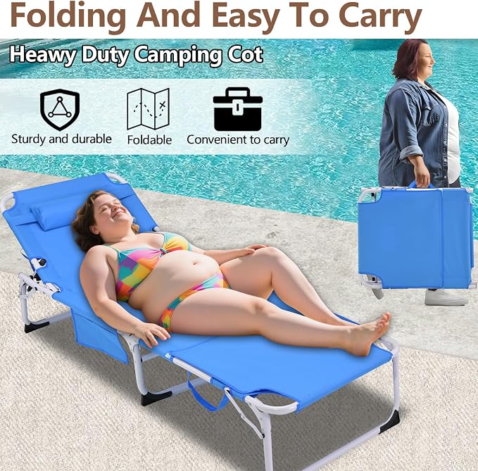 3-in-1 Heavy Duty Tanning Chair with Face Hole Adjustable 5-Position Folding Chaise Lounge Chairs Portable Lay Flat Beach Lounge Chair for Outdoor Sunbathing Patio Pool Lawn Camping Deck (Blue)