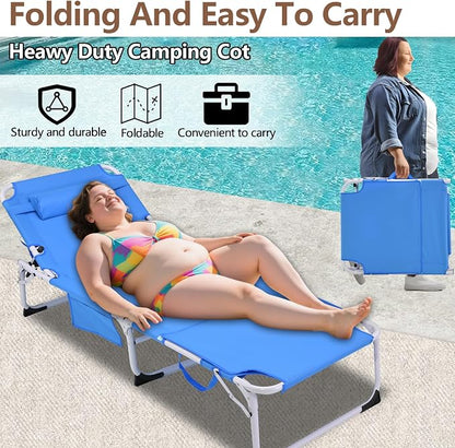3-in-1 Heavy Duty Tanning Chair with Face Hole Adjustable 5-Position Folding Chaise Lounge Chairs Portable Lay Flat Beach Lounge Chair for Outdoor Sunbathing Patio Pool Lawn Camping Deck (Blue)