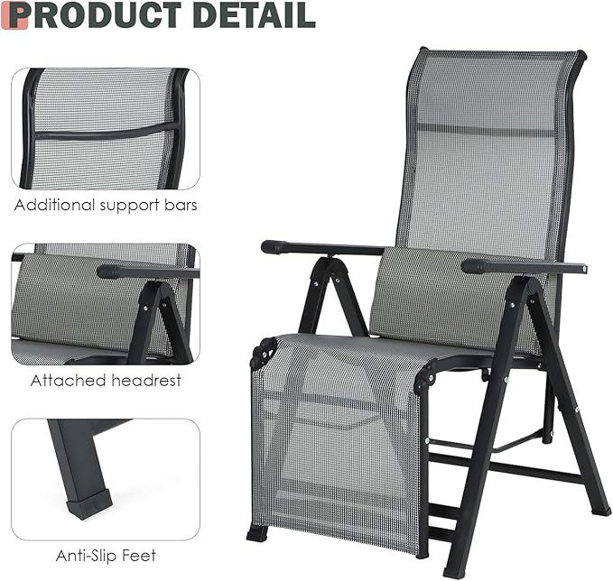 Folding Lounge Chaise,Outdoor Aluminum Beach Chair Tanning Recliners High Backrest with Removable Lumbar Pillow Assemble-Free for Sunbathing Patio Pool Beach Lawn Deck - Grey