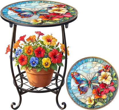 Cinnvoice Outdoor Side Table Round Small Mosaic Patio Accent Indoor End Plant Coffee Tea Table for Yard Patio Porch Garden Living Room, Bedroom(Butterfly C Style,14 Inch)