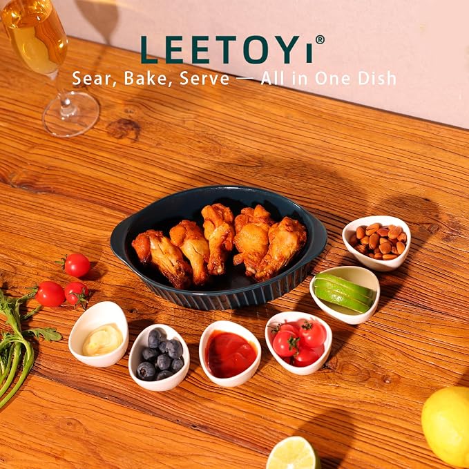 LEETOYI Porcelain Small Oval Au Gratin Pans,Set of 4 Baking Dish Set for 1 or 2 person servings, Bakeware with Double Handle for Kitchen and Home, Navy