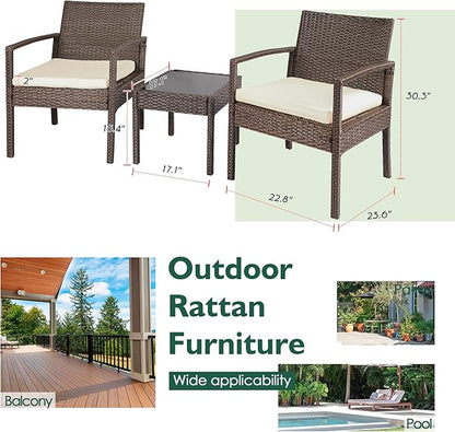3 Piece Outdoor Patio Furniture Sets, Rattan Conversation Set with Soft Cushion, Wicker Chairs with Coffee Table for Yard Backyard Lawn Porch Poolside Balcony, Beige