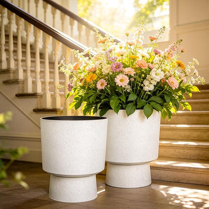 16.75"H Urn-Style Tall Planters, 2-Pack Modern Large Flower Pots for Outdoor Indoor, 2-in-1 Design Plant Containers for Garden Patio Yard Balcony Porch or Home Decor, White Terrazzo, UV-Protect