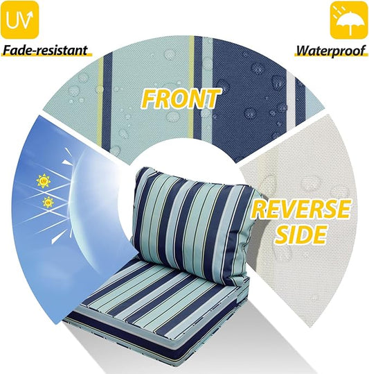 AAAAAcessories Outdoor Seat Cushions for Chairs, Fade-Resistant, Waterproof Patio Furniture Replacement Cushions, 19" x 19" x 3" + 19" x 17", Ash Teal Seaside Stripe