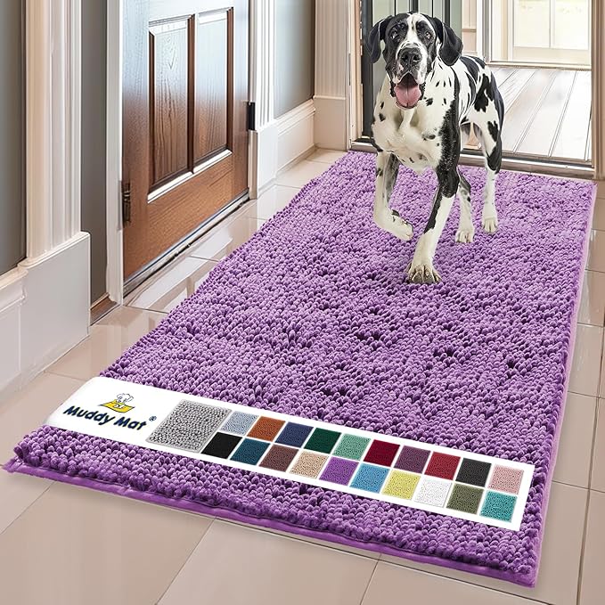 Muddy Mat® | Super Water Absorbent Door Mat Indoor, Microfiber Quick Dry Chenille Entryway Rug, Slip Resistant Front Door Mat, Indoor Mats for Entryway, Machine Washable Pet Rug, Purple 24" x 120"