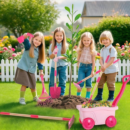 Kids Gardening Tools Outdoor Toys Set - Wheelbarrow Backyard Play Set for Kids with Shovel, Rake, Leaf Rake, Summer Yard Digging Weed Toys, Easter Birthday Gifts for Boys Girls Age 2 3+ Years Old