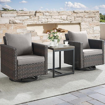 Rilyson Outdoor Patio Swivel Rocker Chairs - 3 Piece Wicker Patio Furniture Bistro Swivel Rocking Chairs Set with Comfortable Cushions,Sturdy Metal Frame and Side Table for Porch Deck(Brown/Grey)