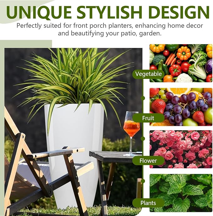 Set of 2 Large 21" Tall Planters for Indoor Outdoor, Heavy-Duty Resin with Drainage Holes & Unique Textured Design, Perfect for Porch, Patio, Backyard Home Decor, White